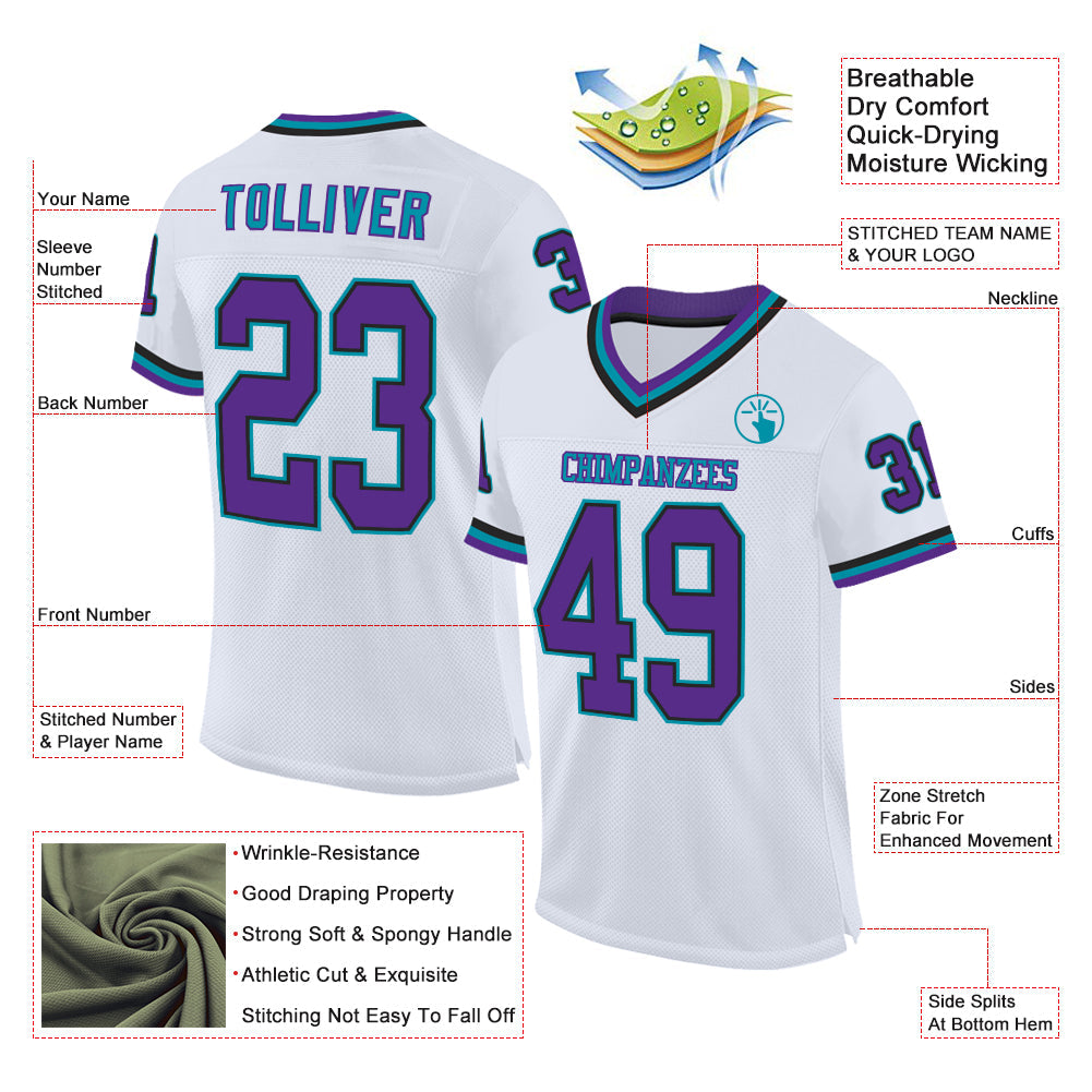 Custom White Purple Black-Teal Mesh Authentic Throwback Football Jersey view 2