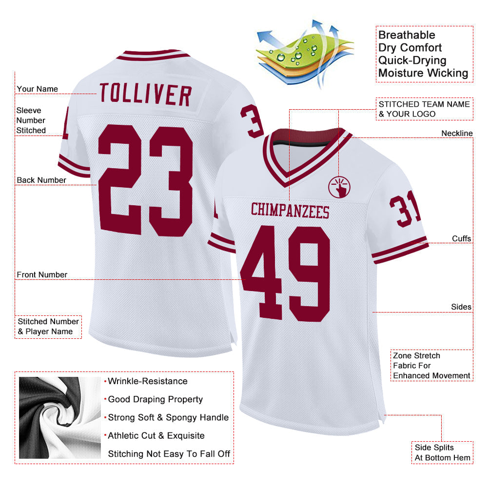 Custom White Maroon Mesh Authentic Throwback Football Jersey view 2