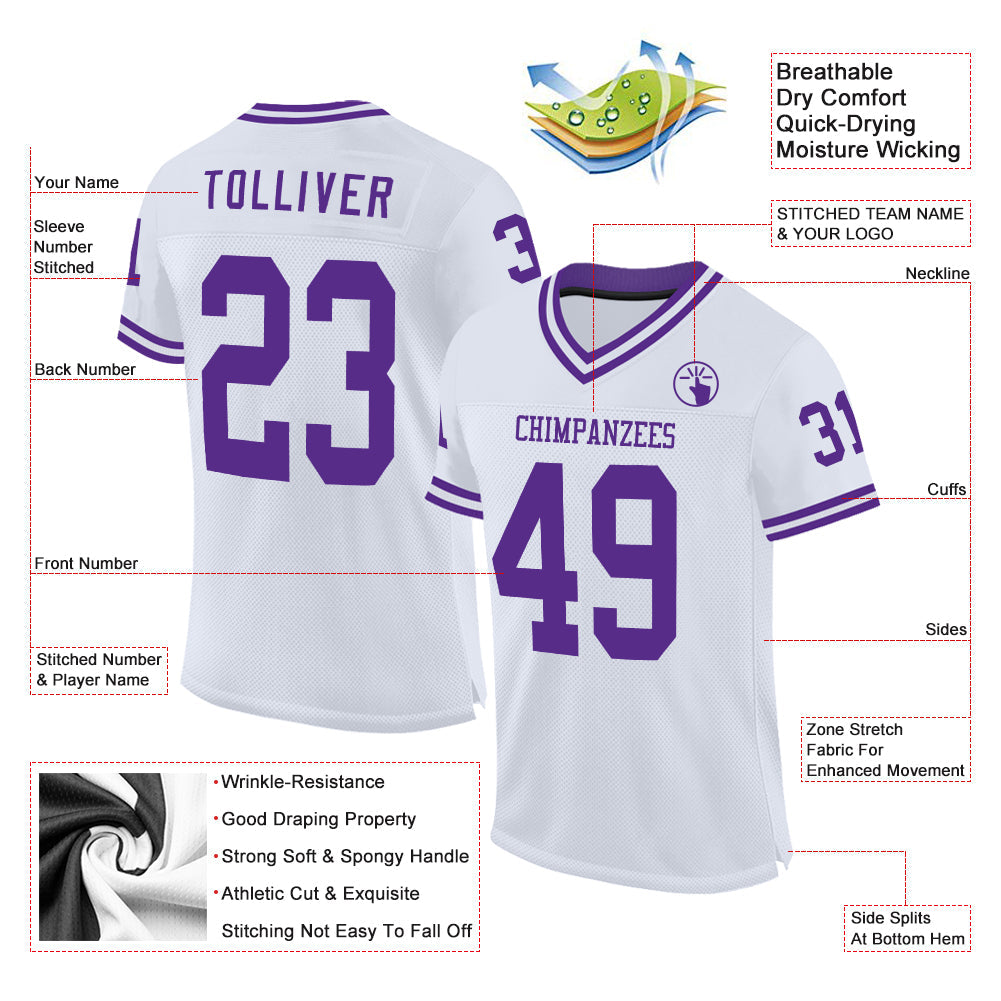 Custom White Purple Mesh Authentic Throwback Football Jersey view 2