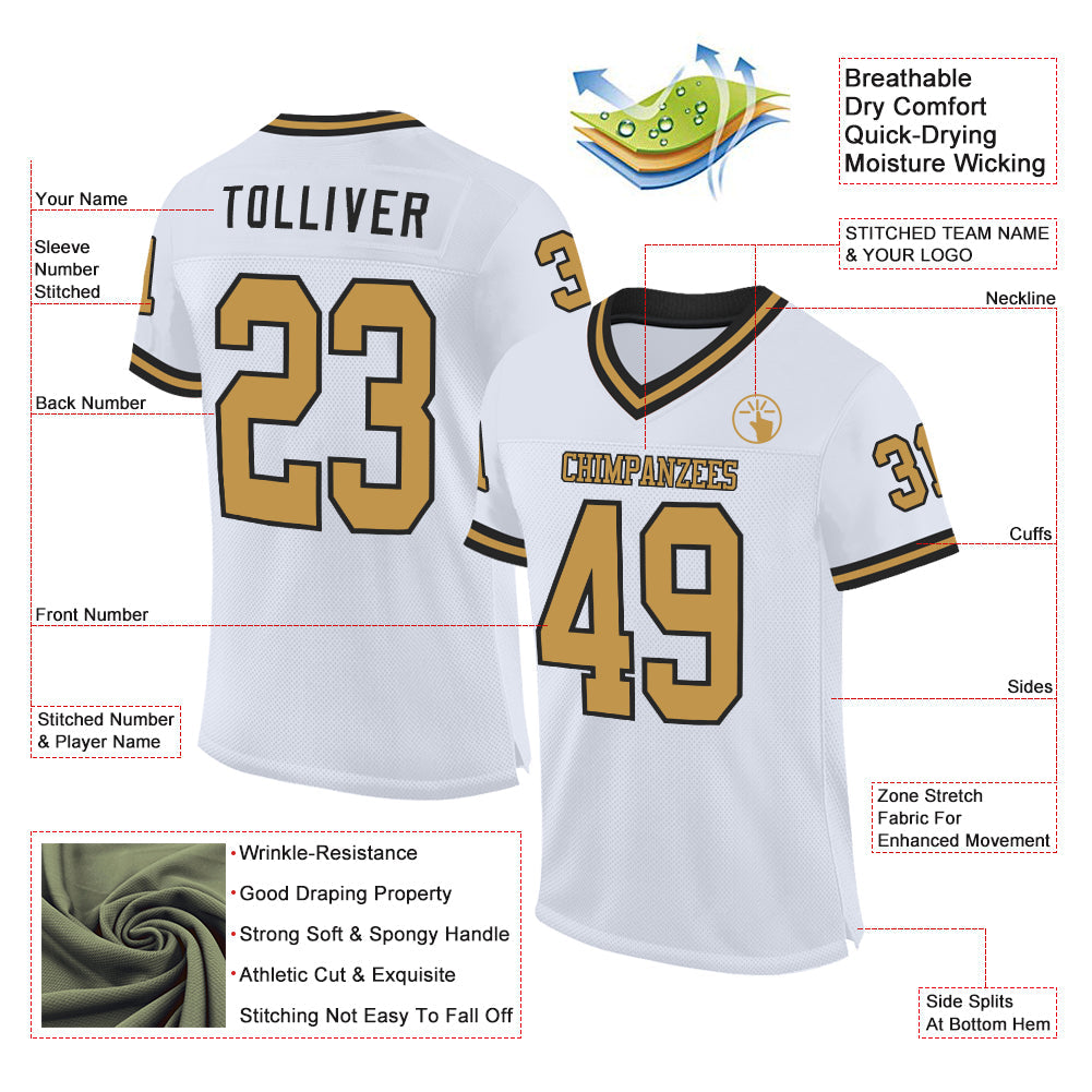Custom White Old Gold-Black Mesh Authentic Throwback Football Jersey view 2
