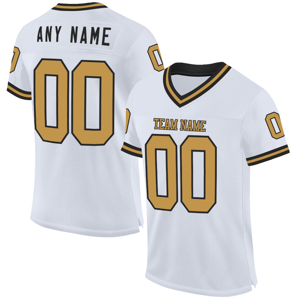 Custom White Old Gold-Black Mesh Authentic Throwback Football Jersey - Main View