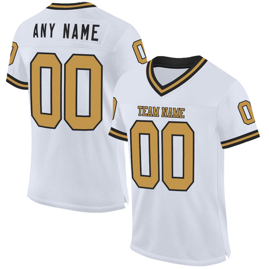 Custom White Old Gold-Black Mesh Authentic Throwback Football Jersey - Main View
