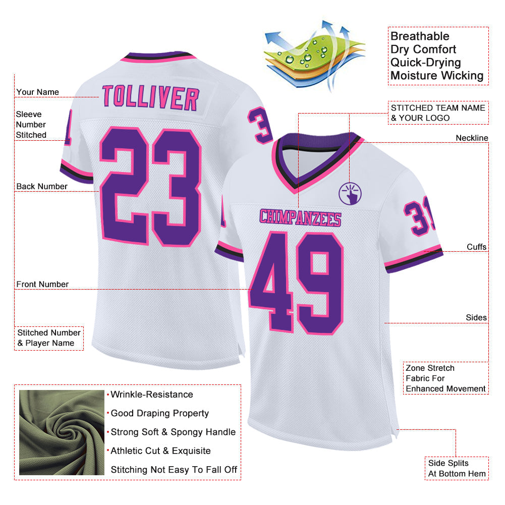 Custom White Purple Pink-Black Mesh Authentic Throwback Football Jersey view 2