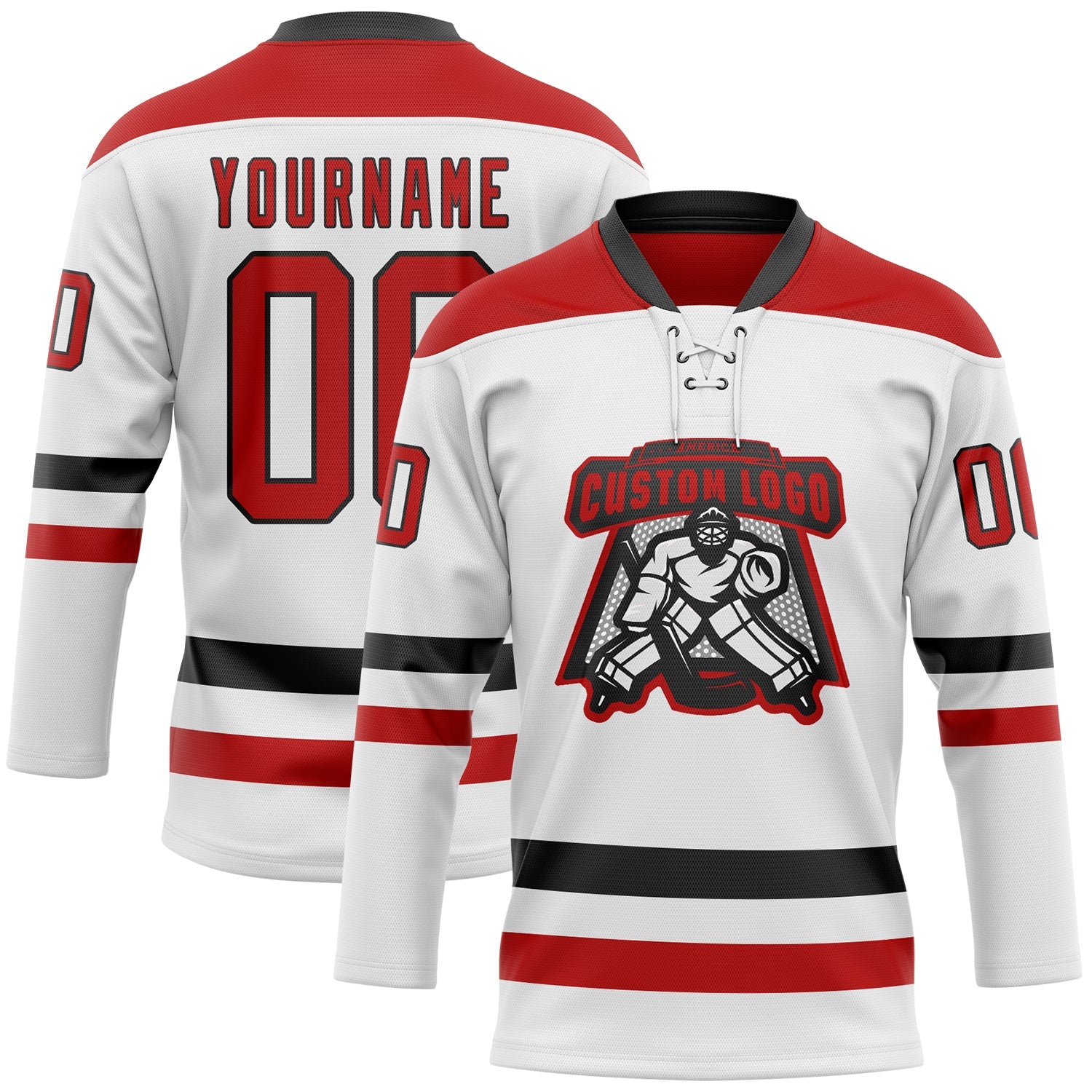 Custom White Red-Black Hockey Lace Neck Jersey view 2
