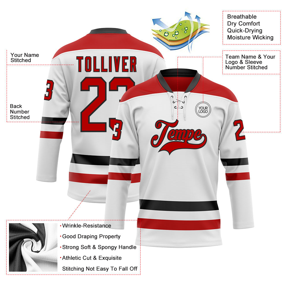 Custom White Red-Black Hockey Lace Neck Jersey view 3