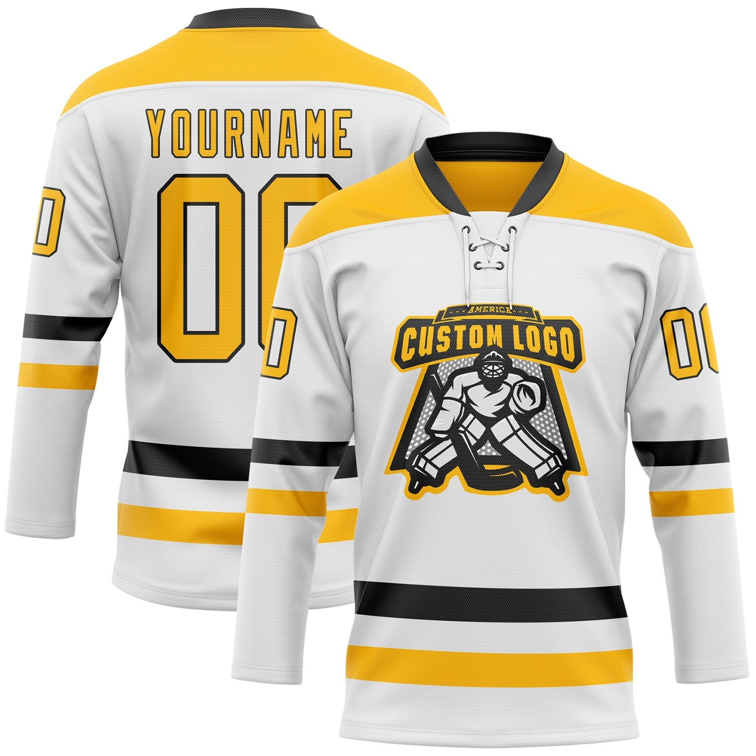 Custom White Gold-Black Hockey Lace Neck Jersey view 2