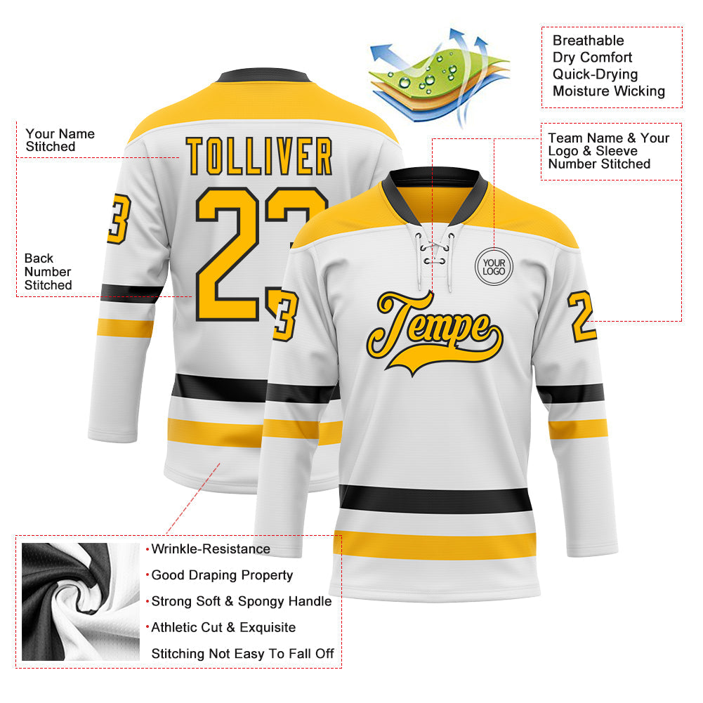 Custom White Gold-Black Hockey Lace Neck Jersey view 3