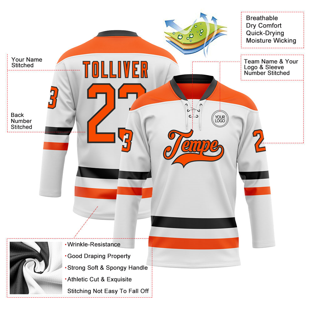Custom White Orange-Black Hockey Lace Neck Jersey view 3