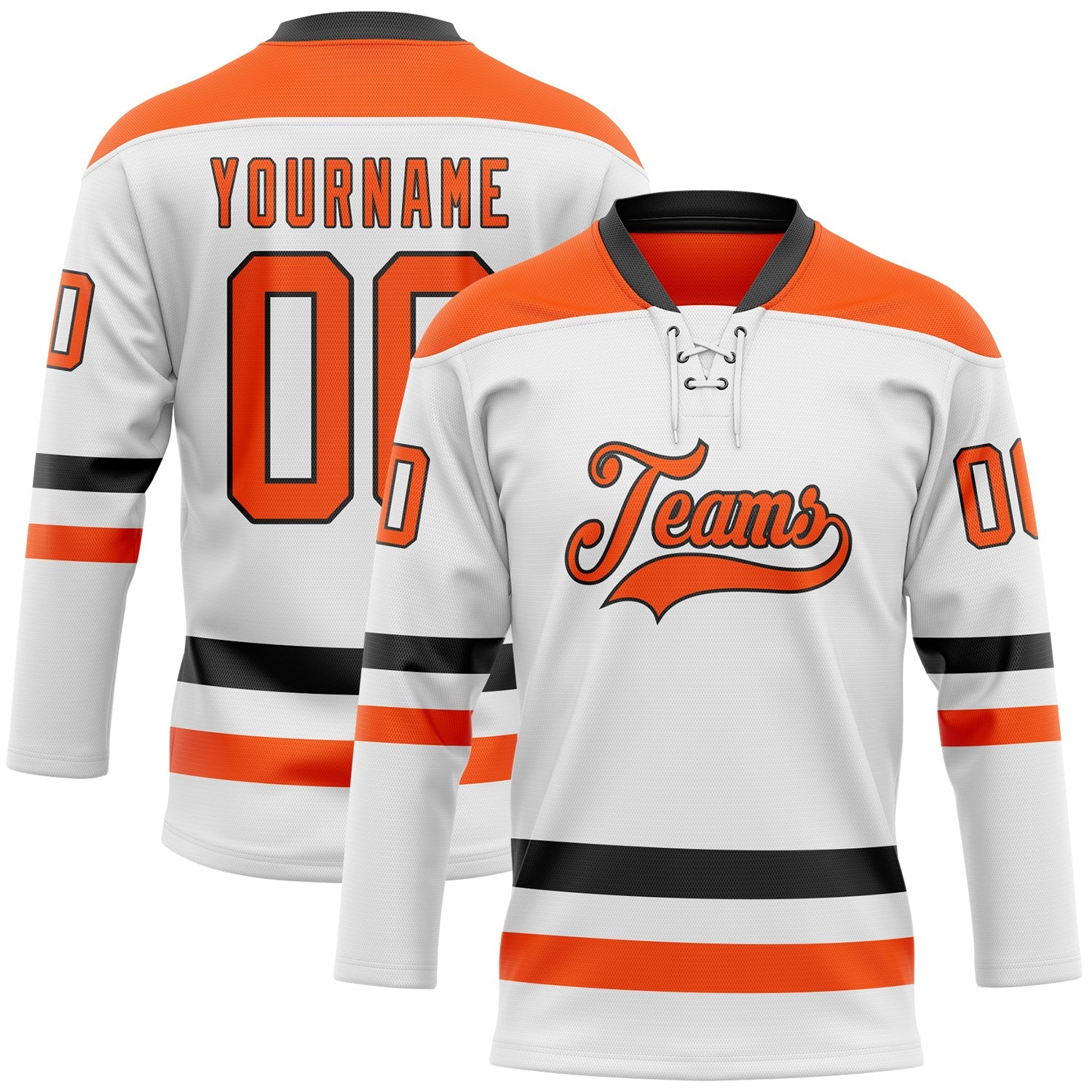 Custom White Orange-Black Hockey Lace Neck Jersey - Main View
