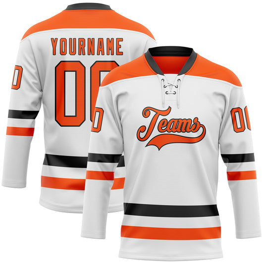 Custom White Orange-Black Hockey Lace Neck Jersey - Main View