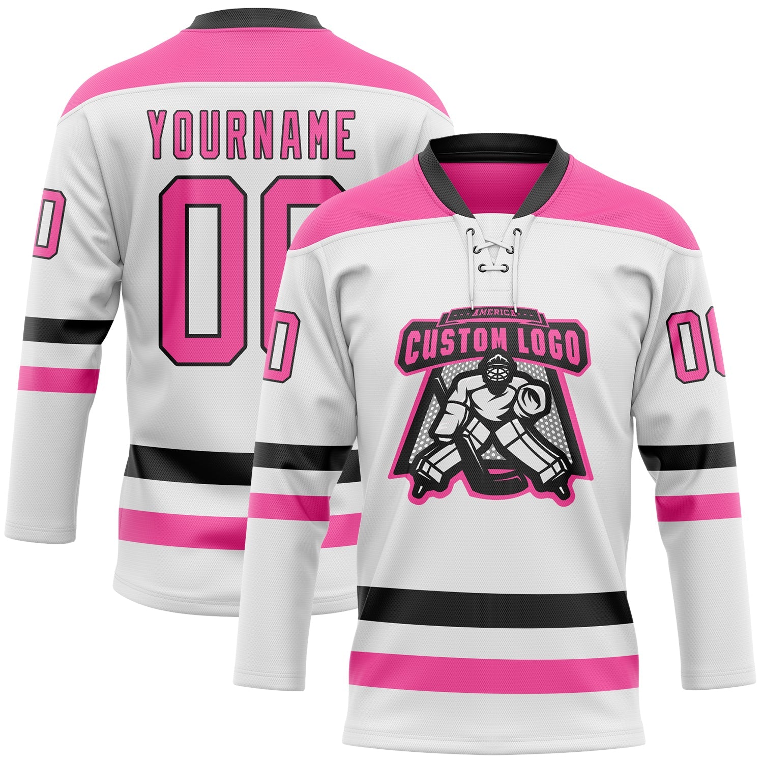 Custom White Pink-Black Hockey Lace Neck Jersey view 2
