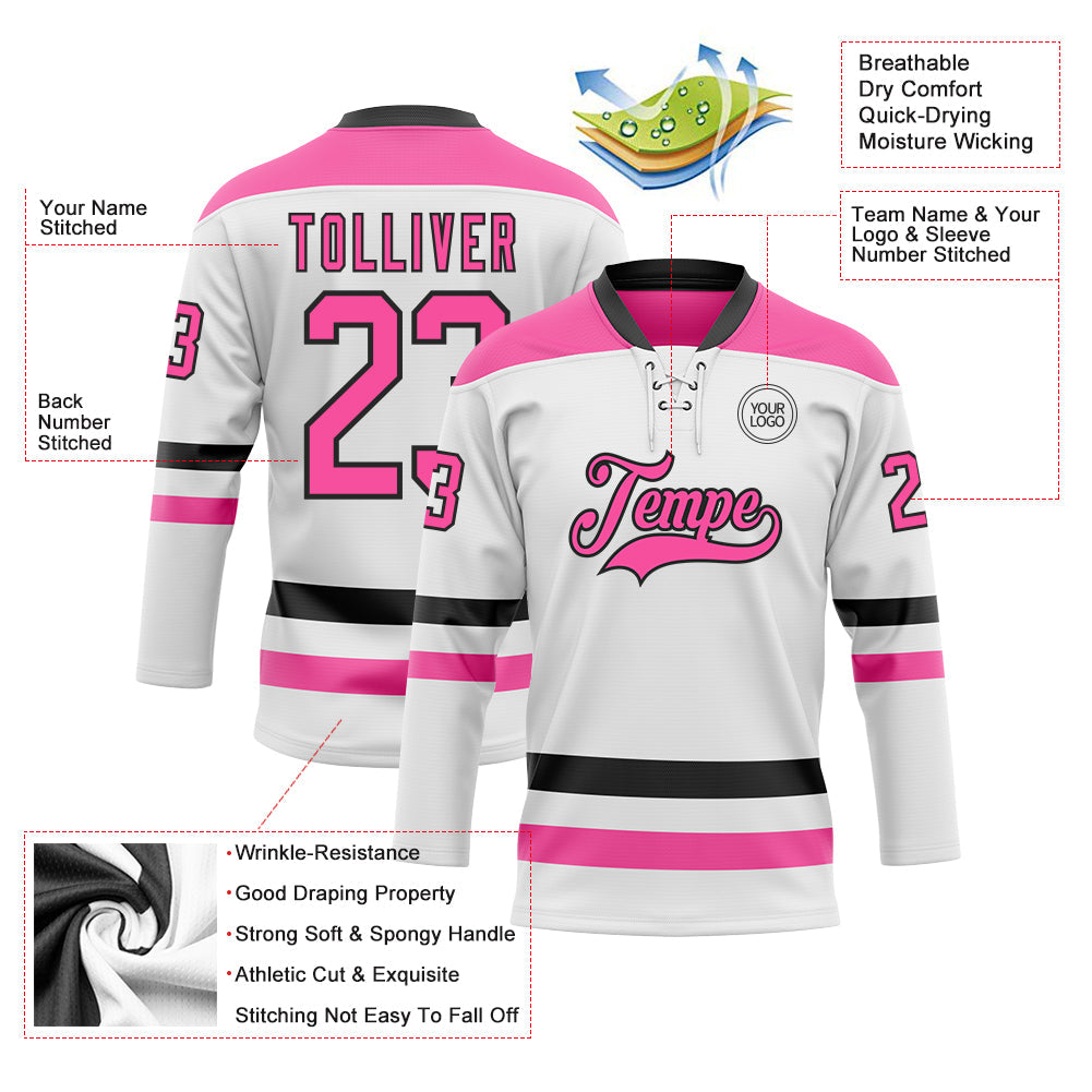 Custom White Pink-Black Hockey Lace Neck Jersey view 3