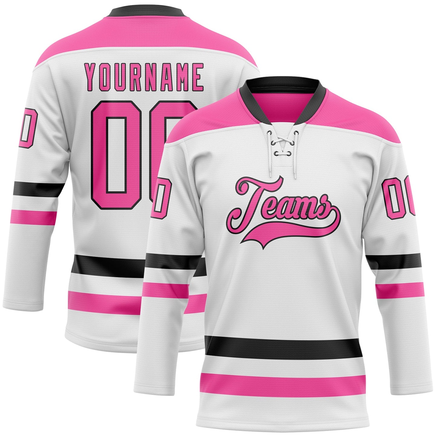 Custom White Pink-Black Hockey Lace Neck Jersey - Main View