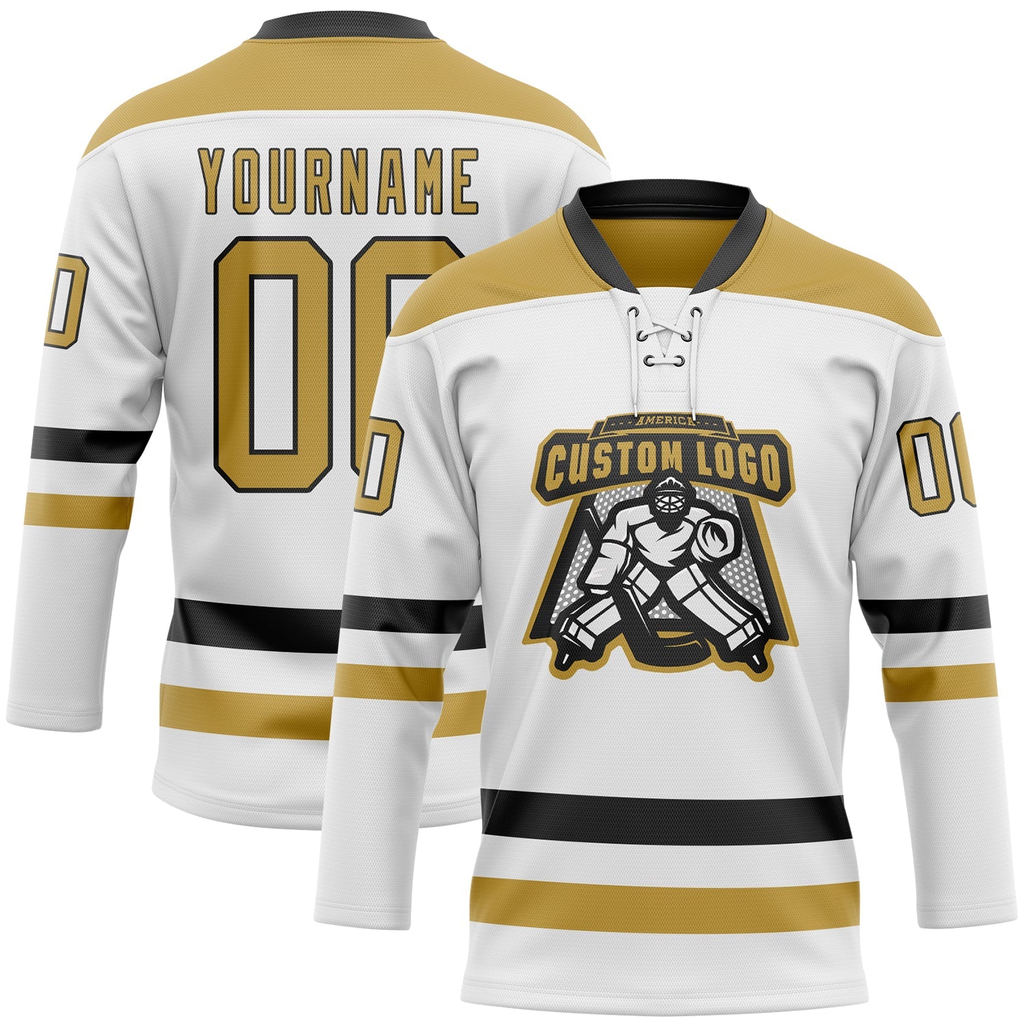 Custom White Old Gold-Black Hockey Lace Neck Jersey view 2