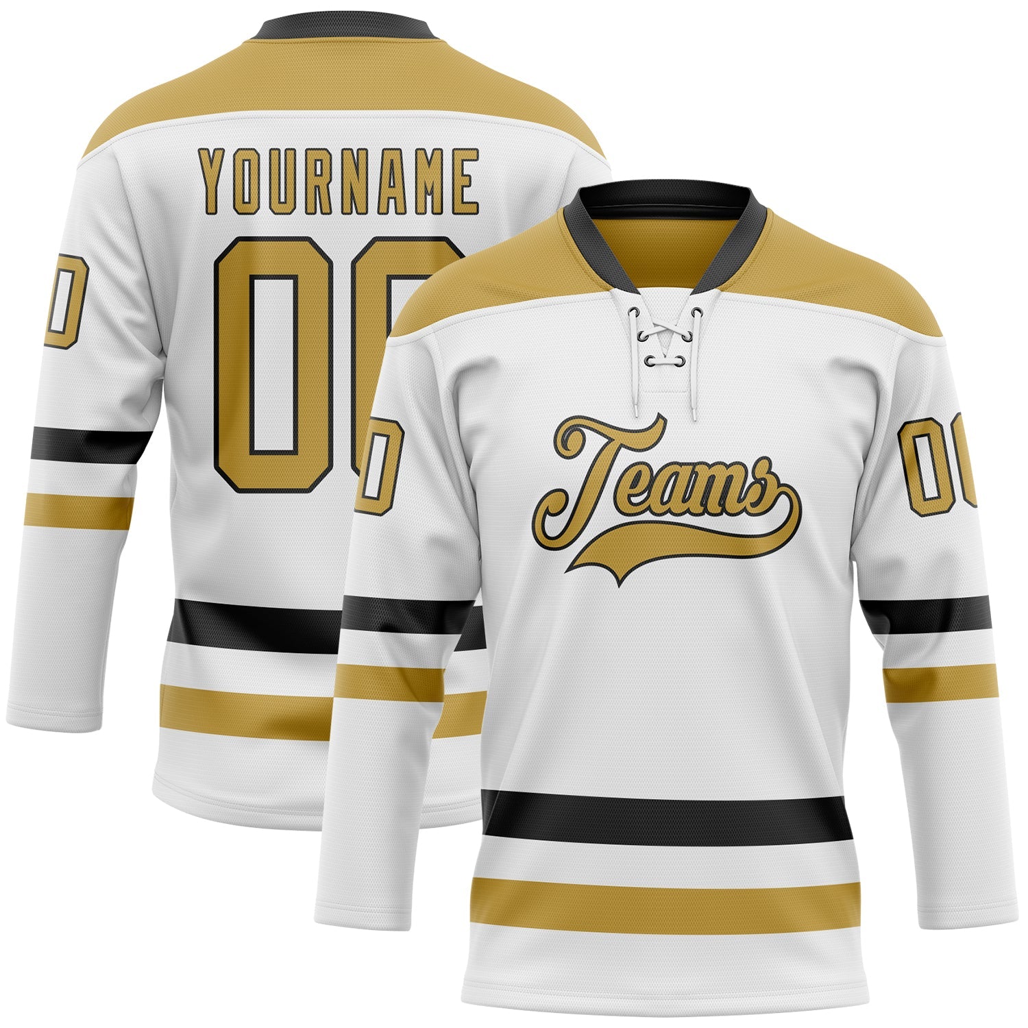 Custom White Old Gold-Black Hockey Lace Neck Jersey - Main View