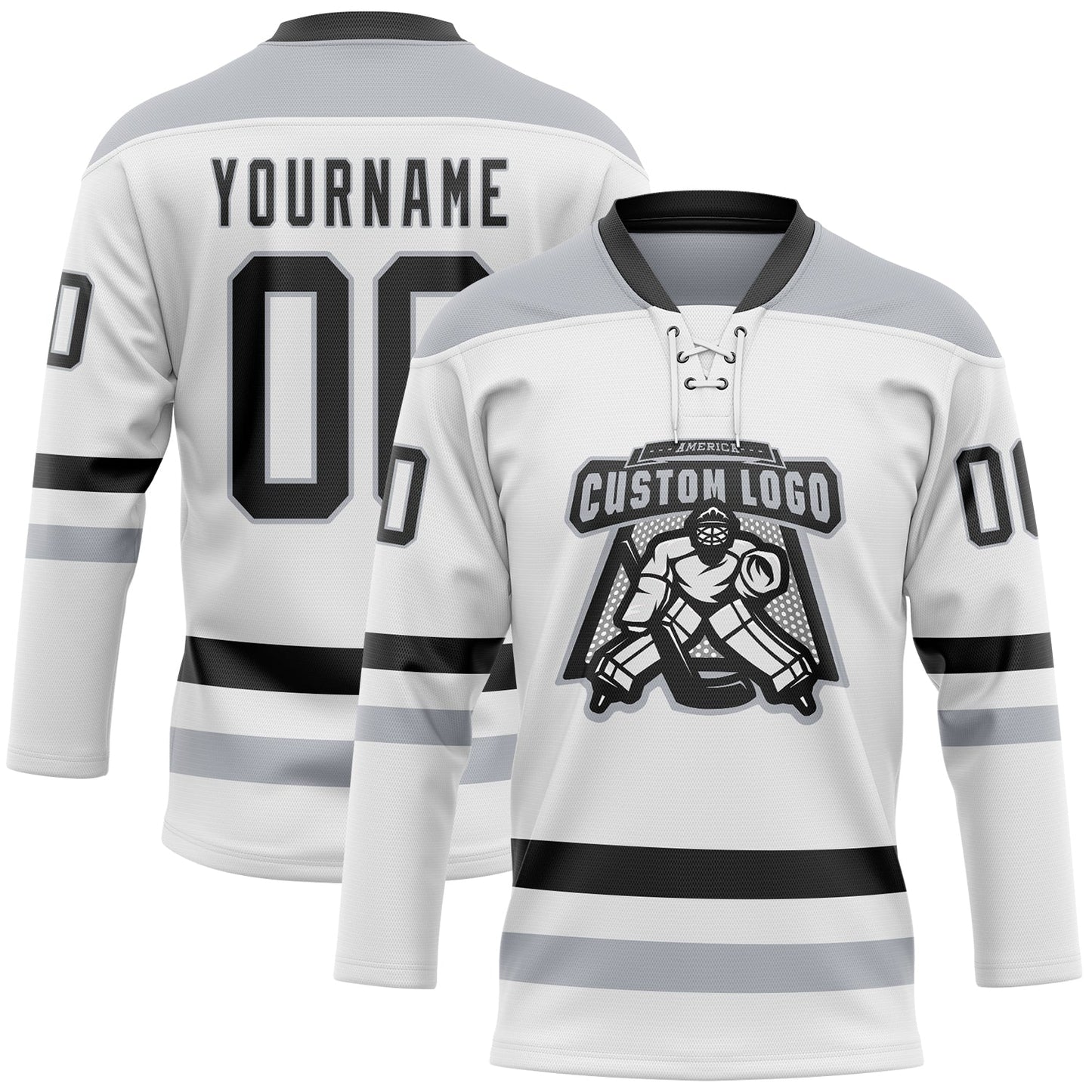 Custom White Black-Gray Hockey Lace Neck Jersey view 2