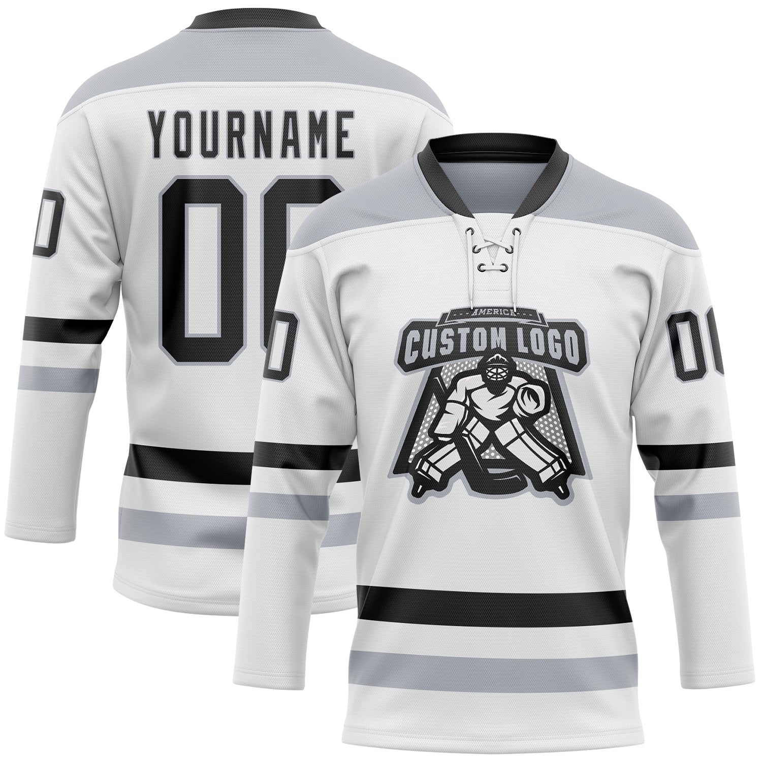 Custom White Black-Gray Hockey Lace Neck Jersey view 2