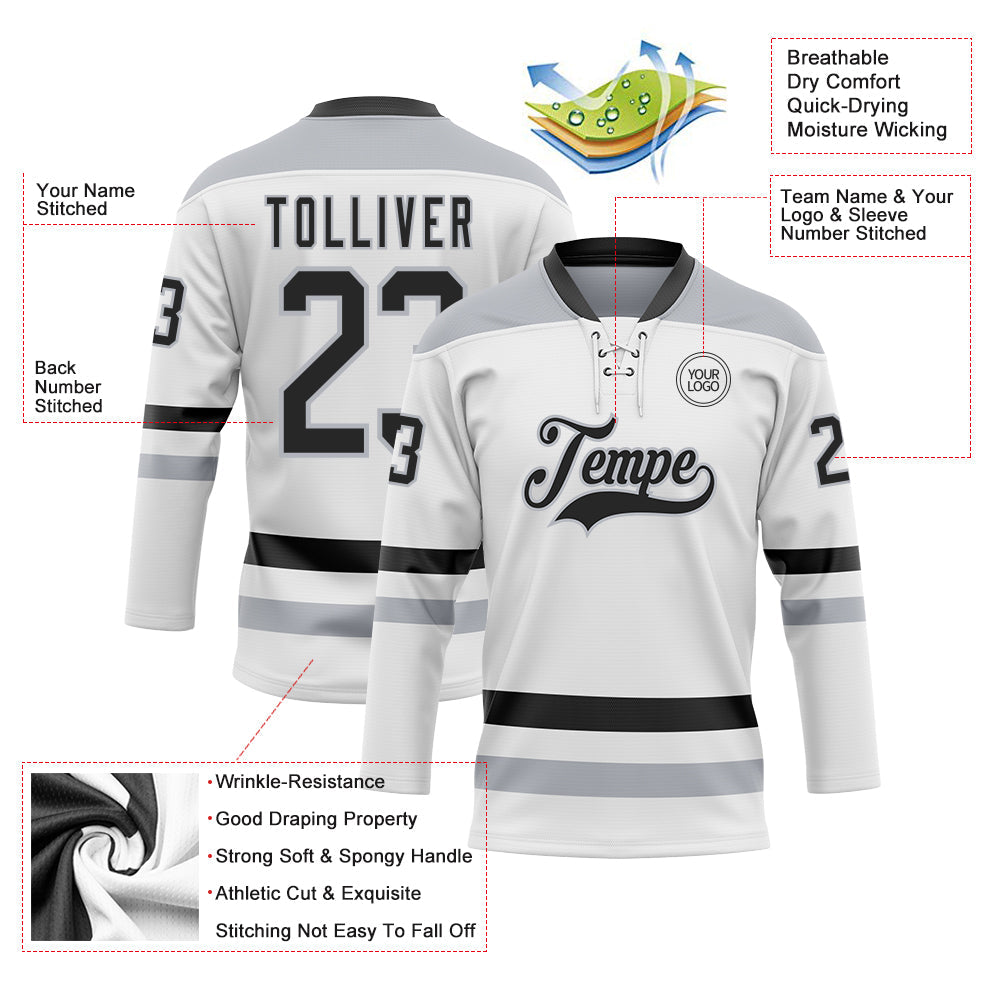 Custom White Black-Gray Hockey Lace Neck Jersey view 3
