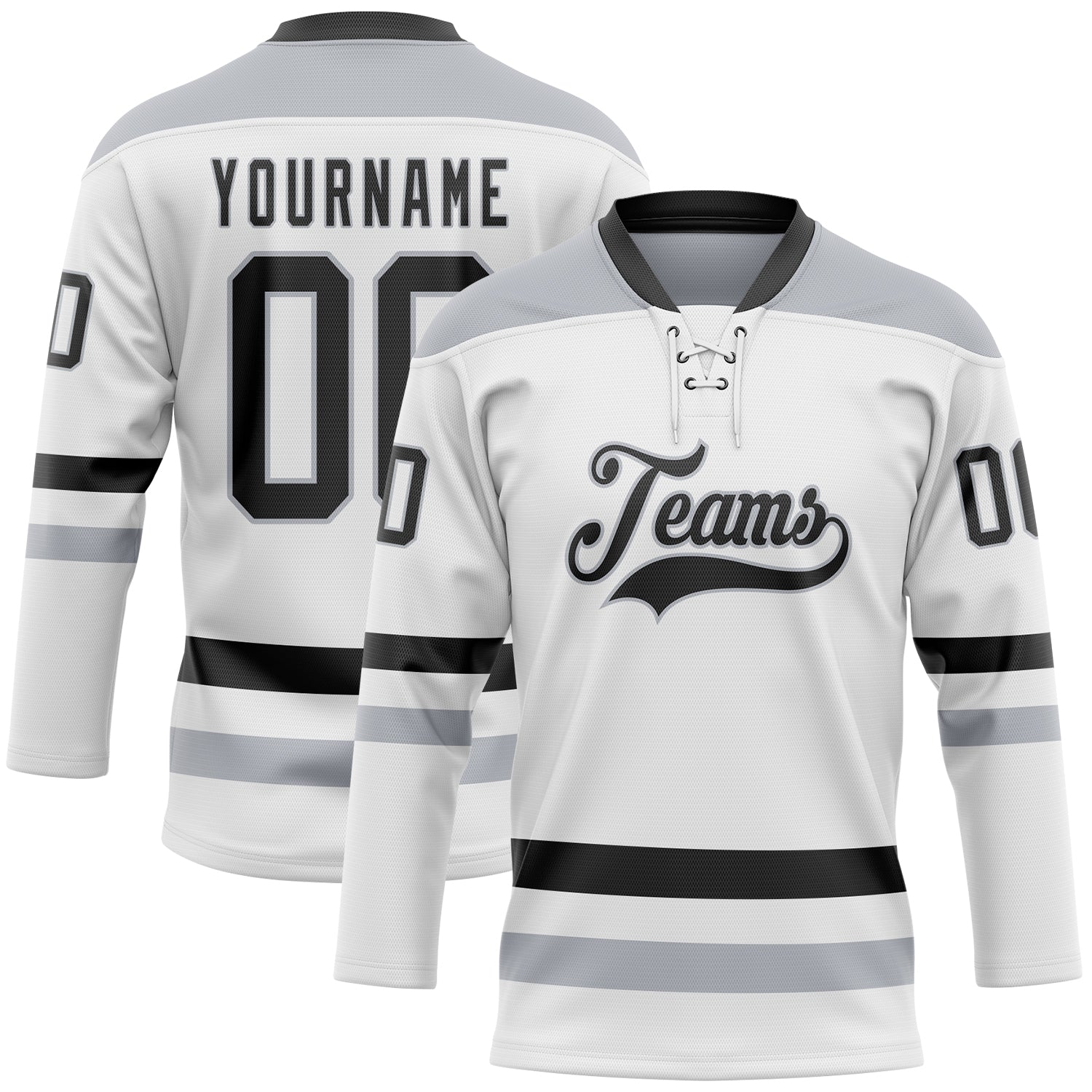 Custom White Black-Gray Hockey Lace Neck Jersey - Main View