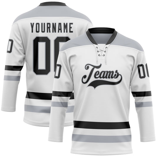 Custom White Black-Gray Hockey Lace Neck Jersey - Main View