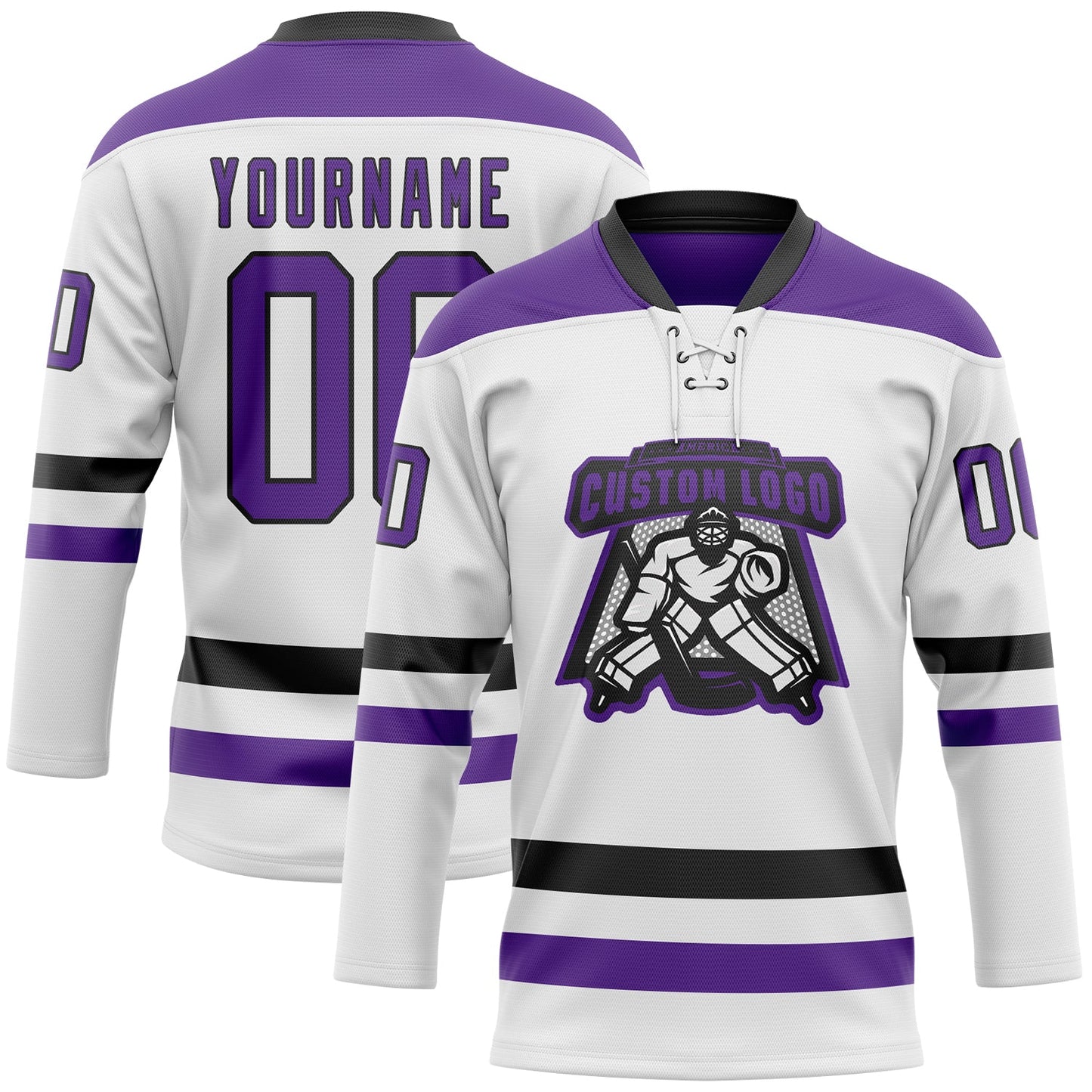 Custom White Purple-Black Hockey Lace Neck Jersey view 2