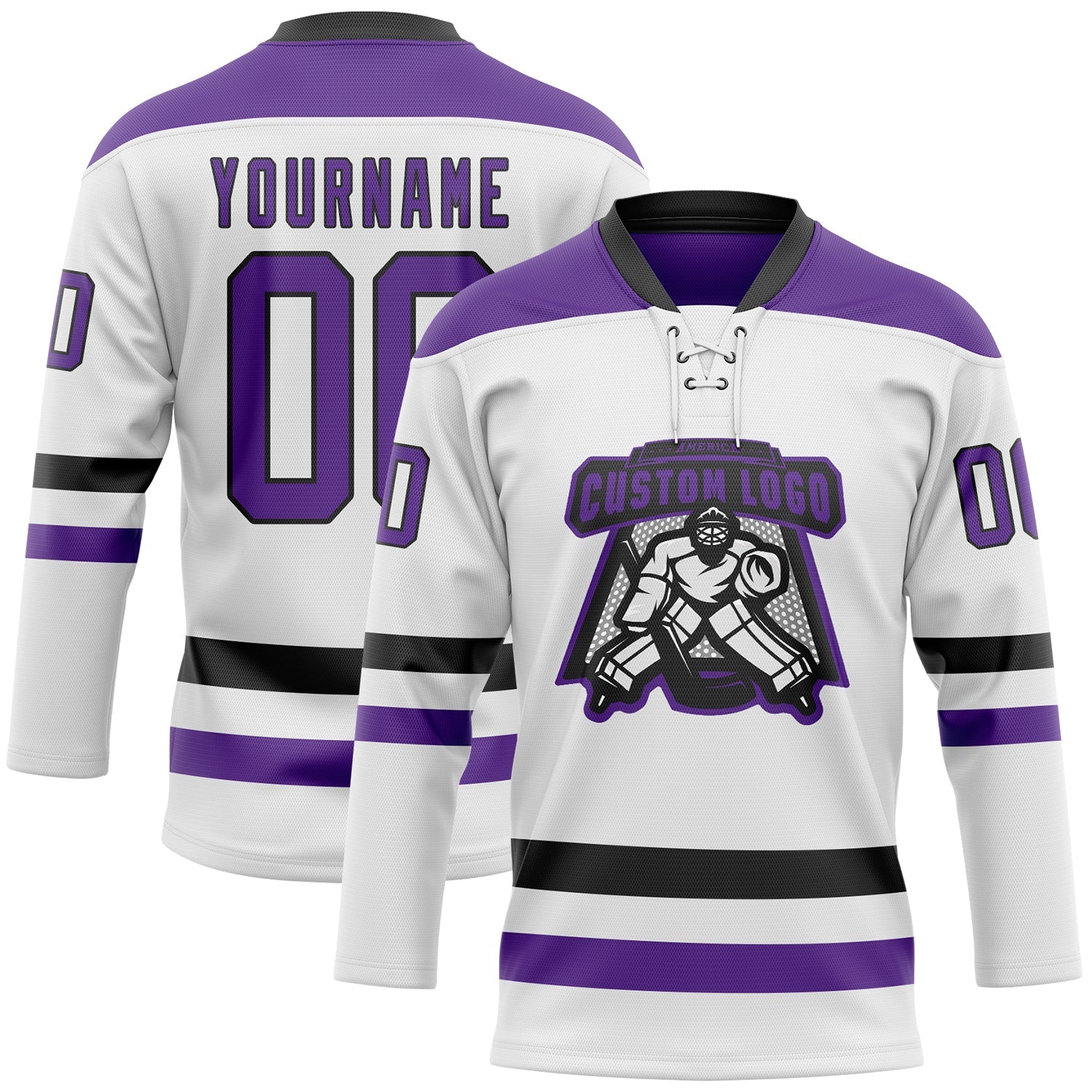 Custom White Purple-Black Hockey Lace Neck Jersey view 2