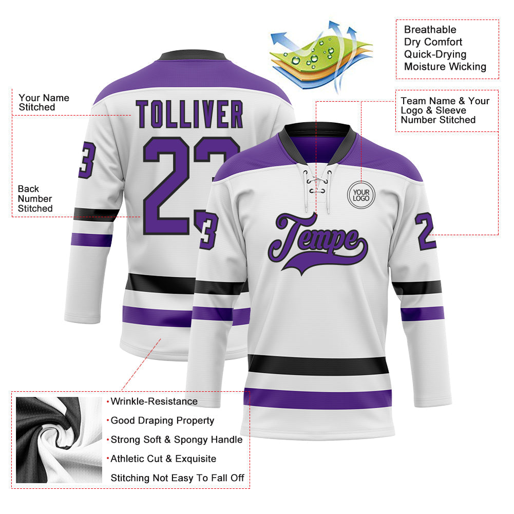 Custom White Purple-Black Hockey Lace Neck Jersey view 3