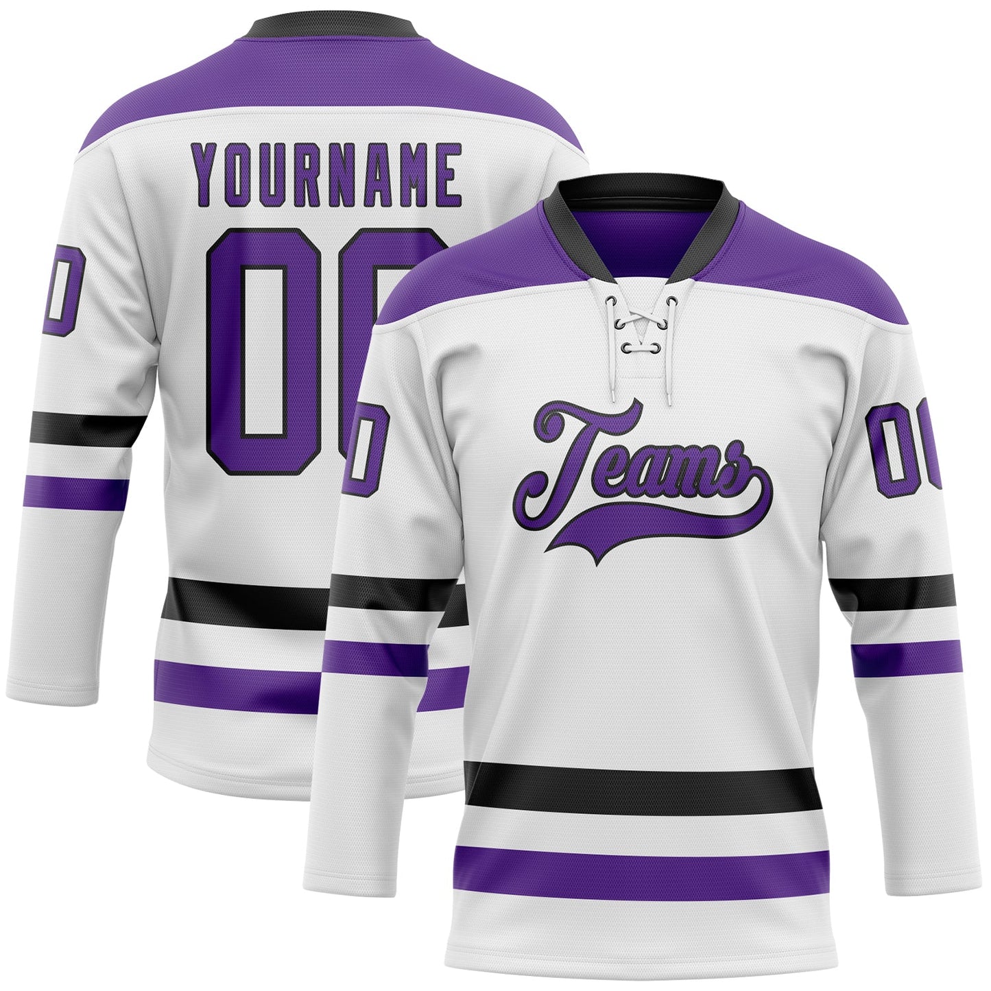 Custom White Purple-Black Hockey Lace Neck Jersey - Main View