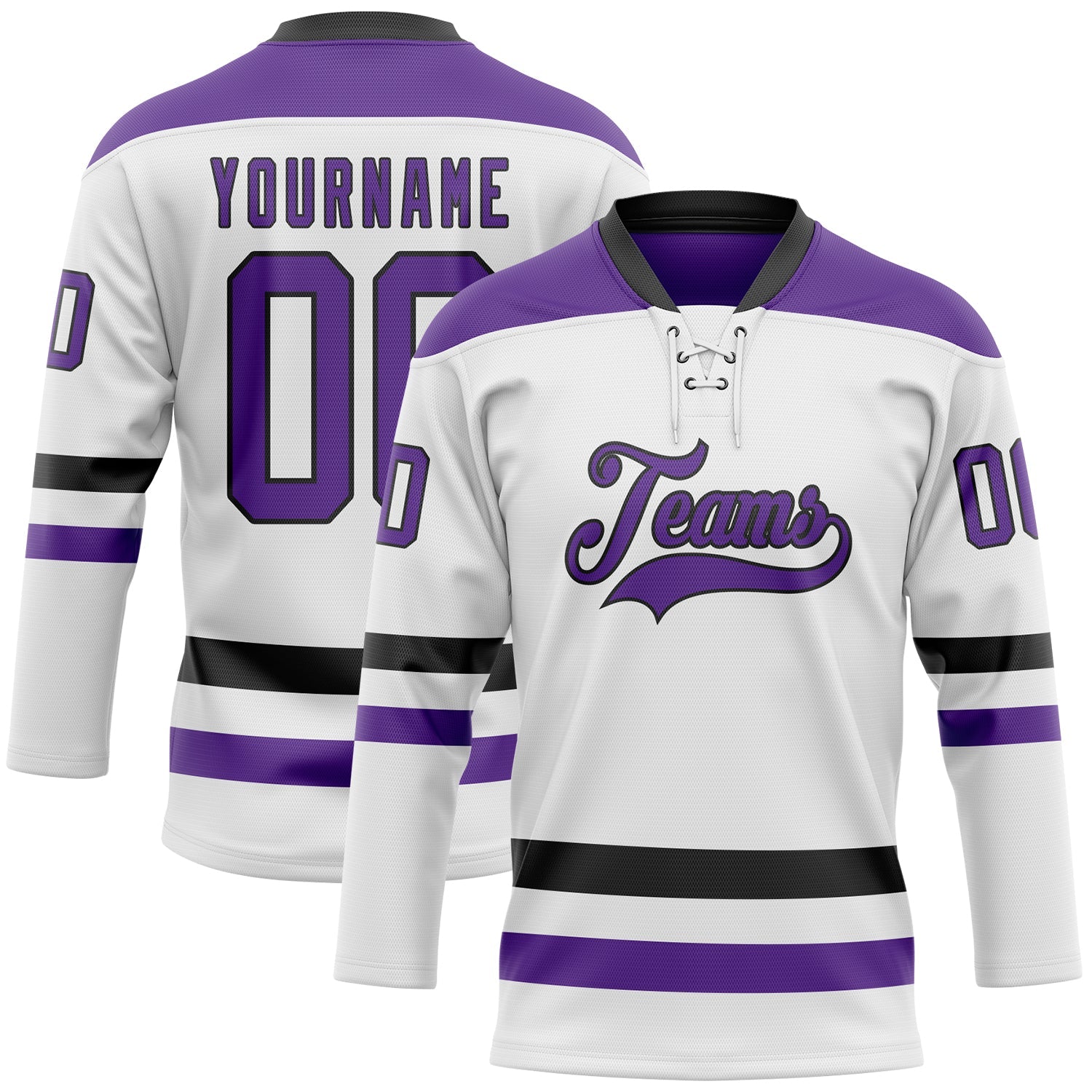 Custom White Purple-Black Hockey Lace Neck Jersey - Main View