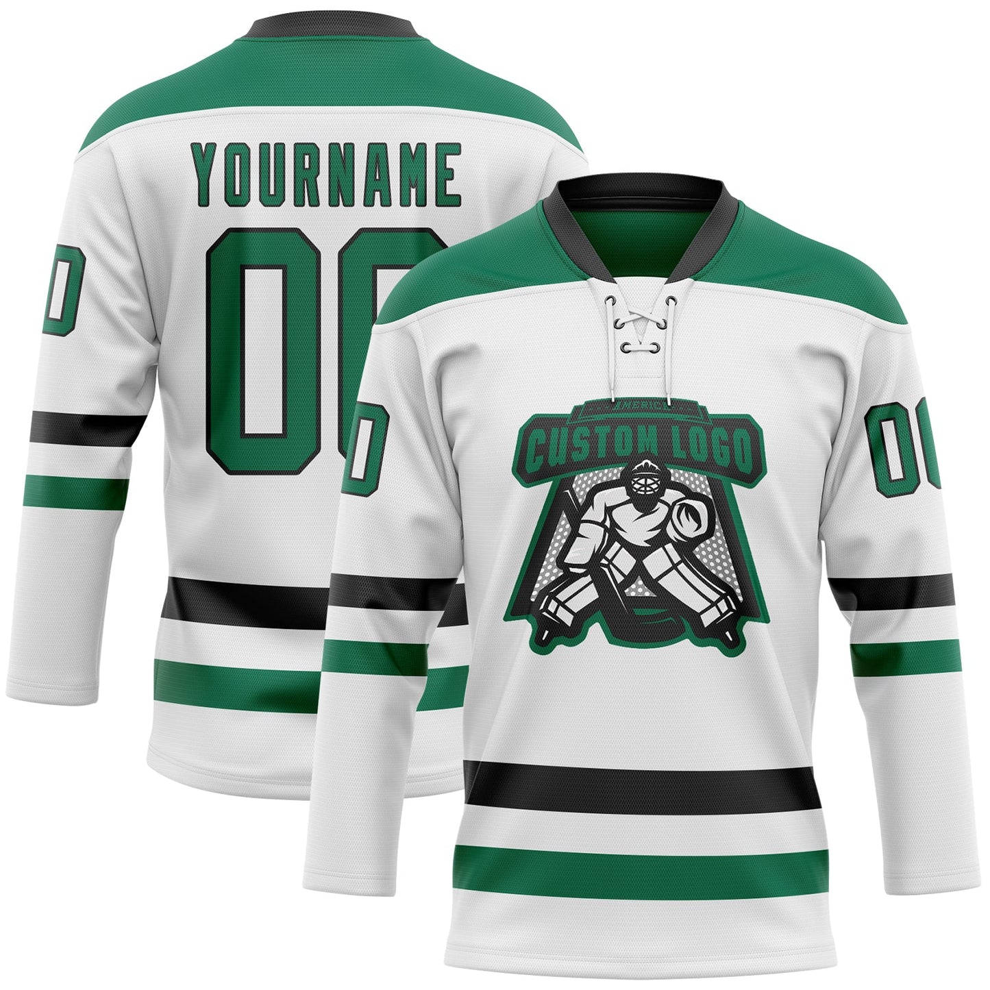 Custom White Kelly Green-Black Hockey Lace Neck Jersey view 2