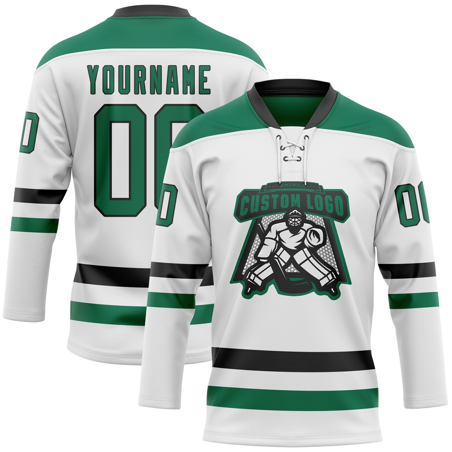 Custom White Kelly Green-Black Hockey Lace Neck Jersey view 2