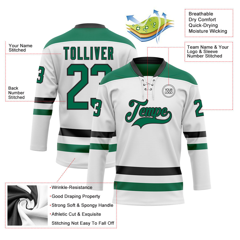 Custom White Kelly Green-Black Hockey Lace Neck Jersey view 3