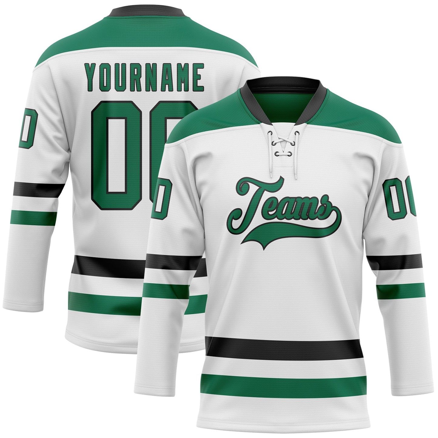 Custom White Kelly Green-Black Hockey Lace Neck Jersey - Main View