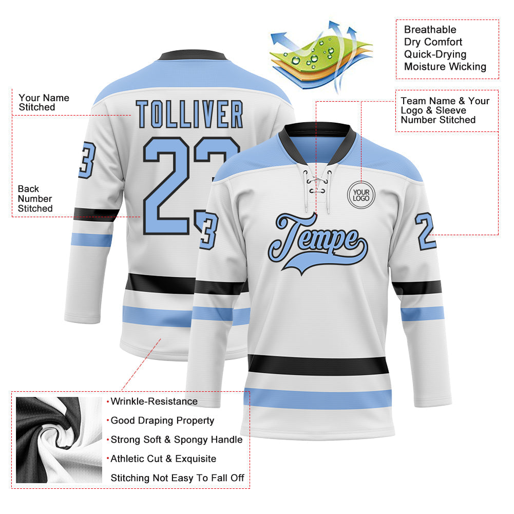 Custom White Light Blue-Black Hockey Lace Neck Jersey view 3