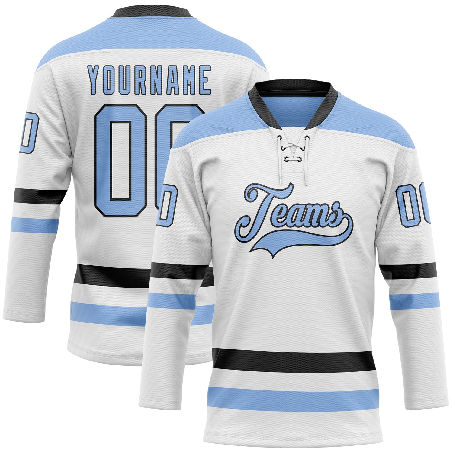 Custom White Light Blue-Black Hockey Lace Neck Jersey - Main View