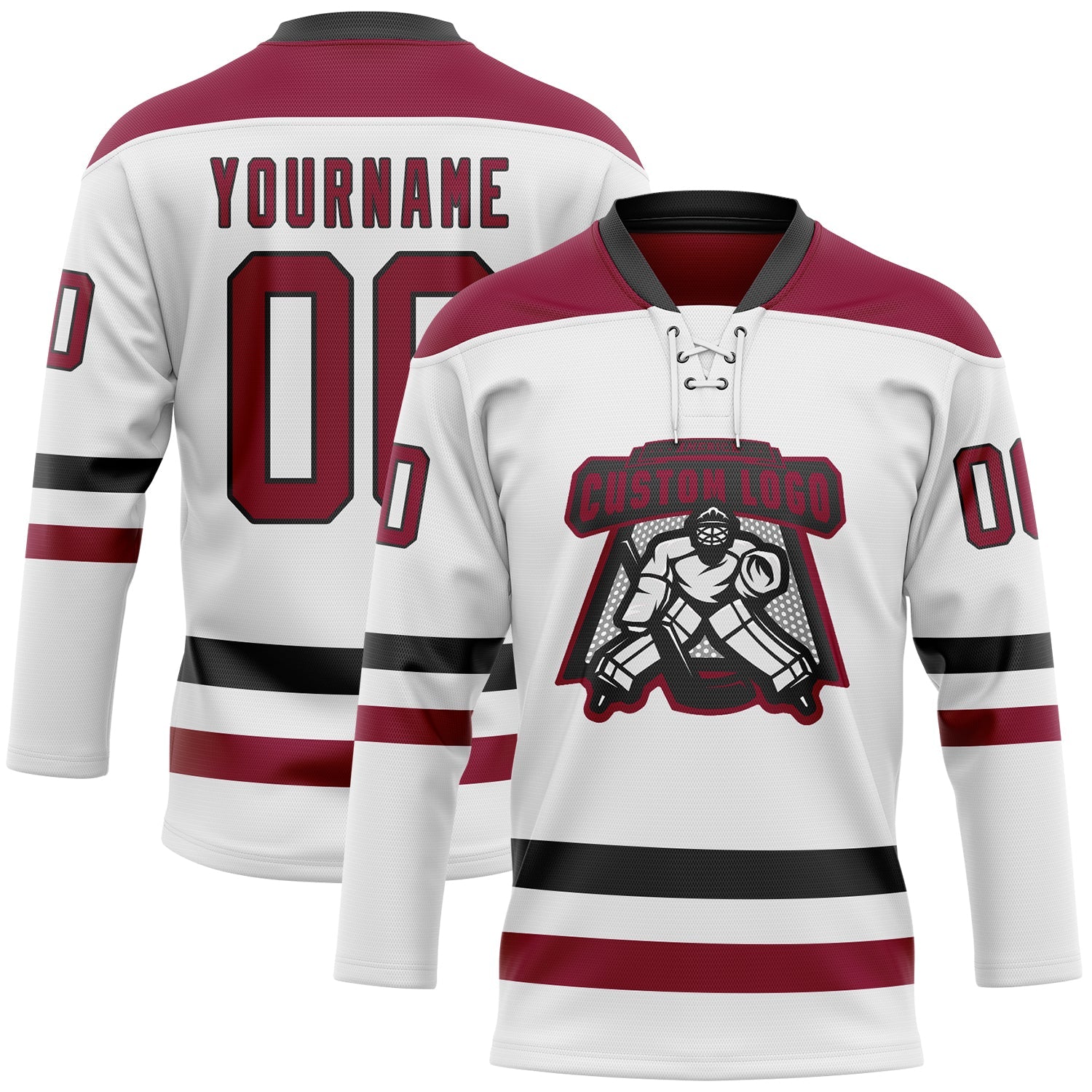 Custom White Maroon-Black Hockey Lace Neck Jersey view 2
