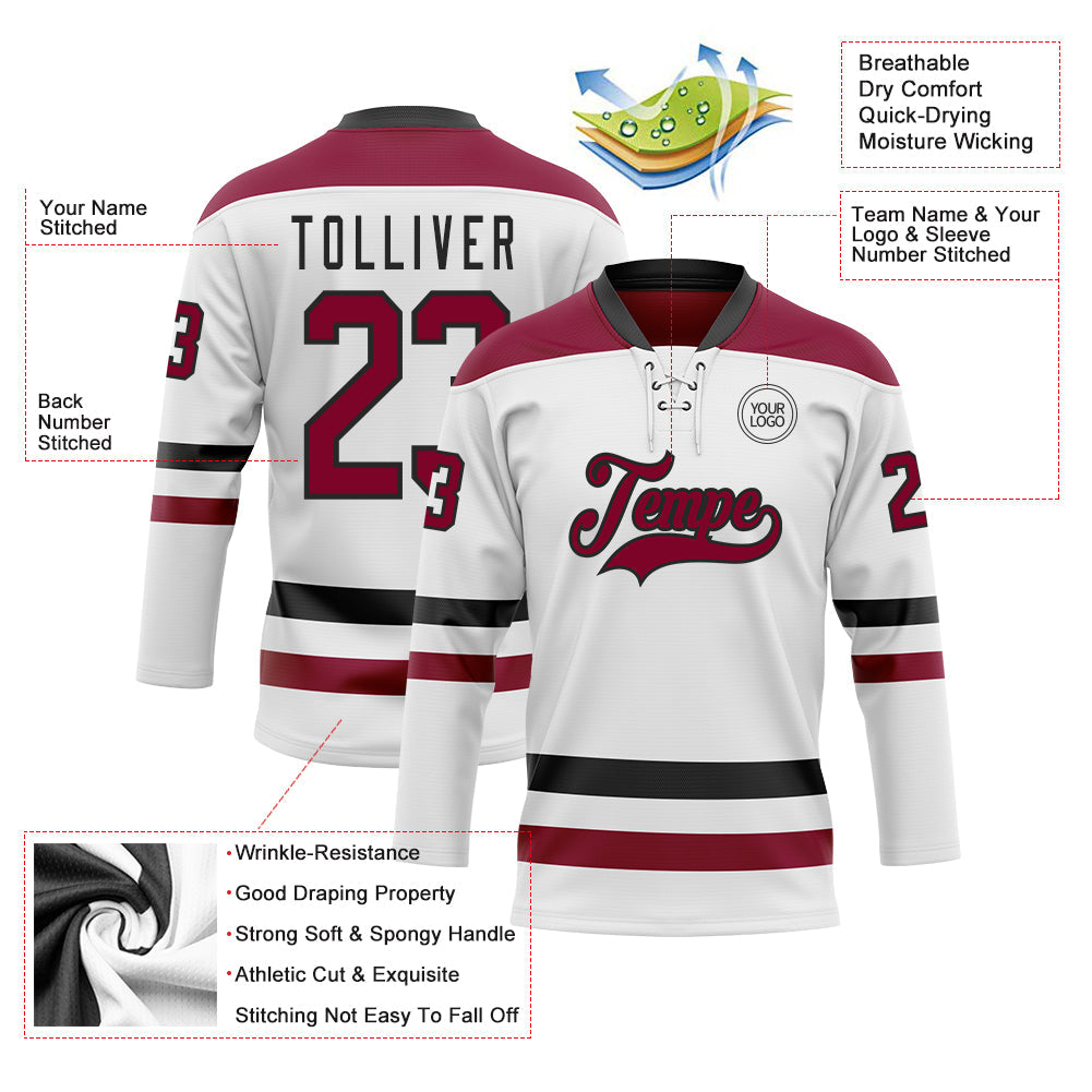 Custom White Maroon-Black Hockey Lace Neck Jersey view 3