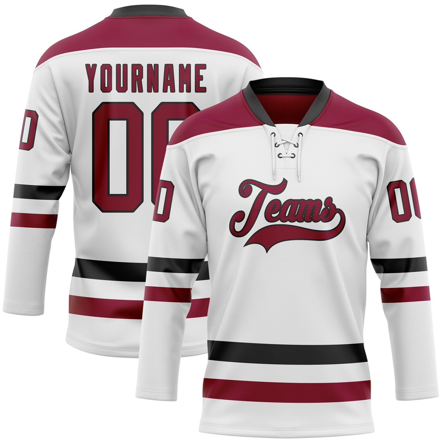 Custom White Maroon-Black Hockey Lace Neck Jersey - Main View