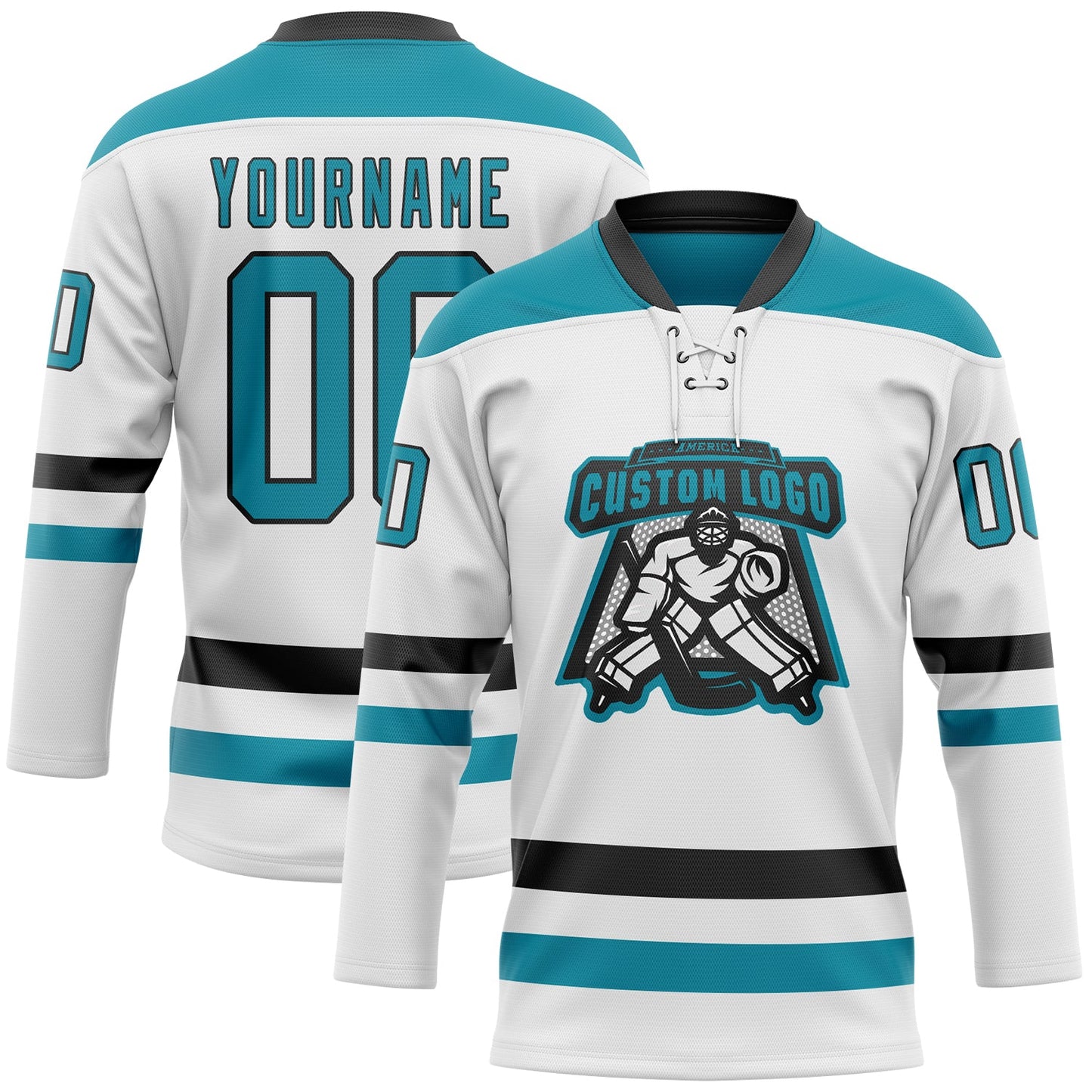 Custom White Teal-Black Hockey Lace Neck Jersey view 2
