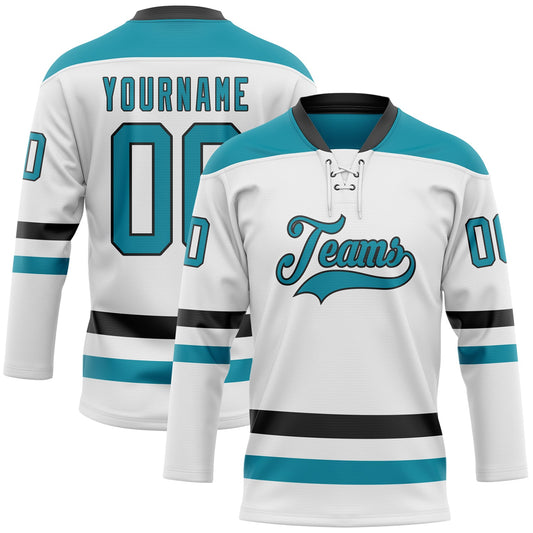 Custom White Teal-Black Hockey Lace Neck Jersey - Main View