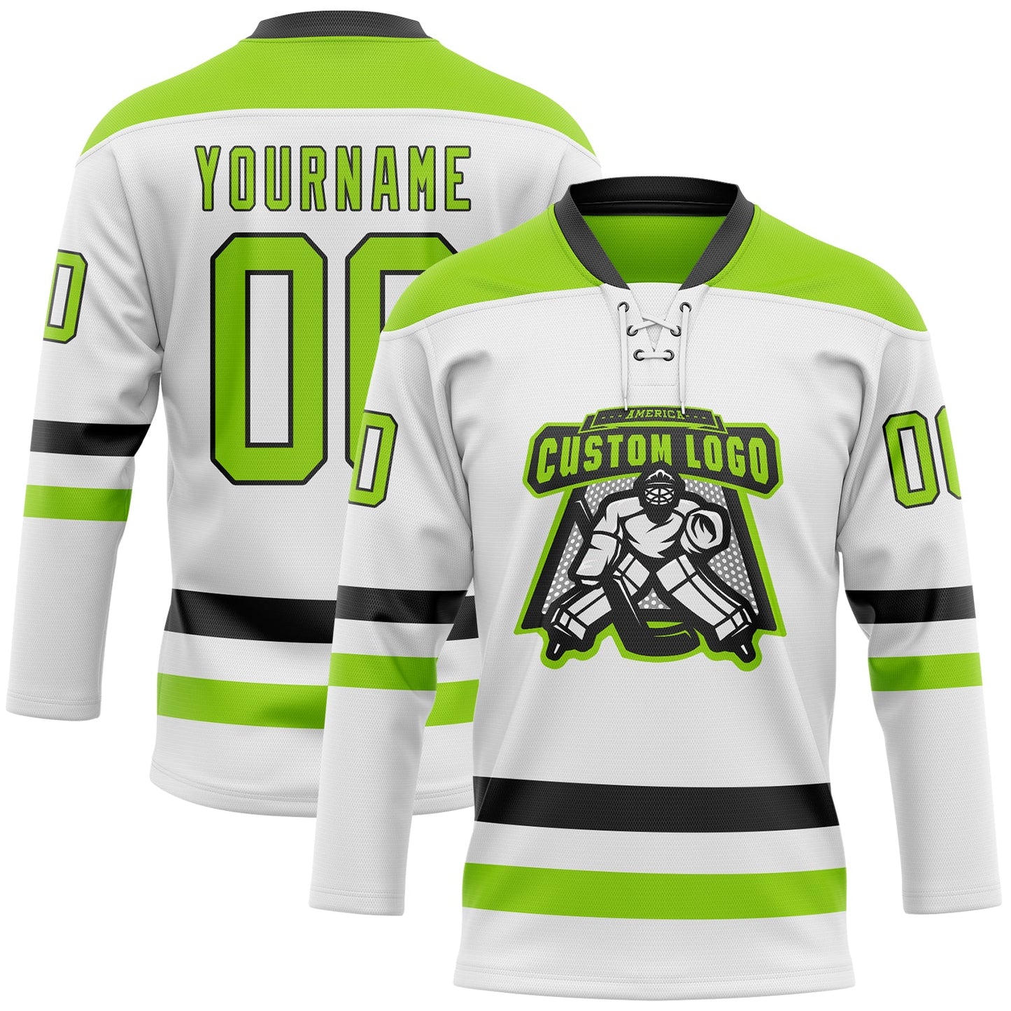 Custom White Neon Green-Black Hockey Lace Neck Jersey view 2