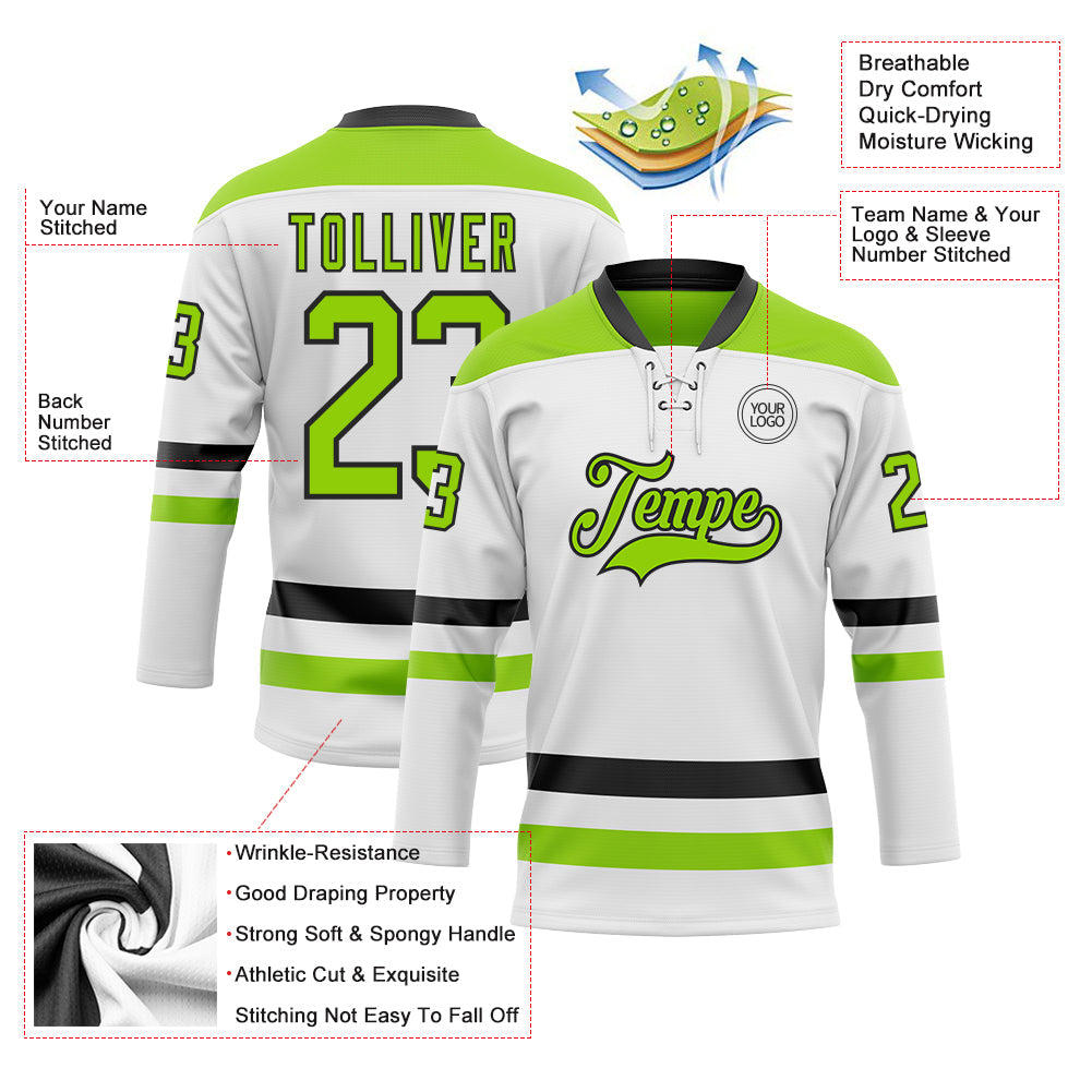 Custom White Neon Green-Black Hockey Lace Neck Jersey view 3
