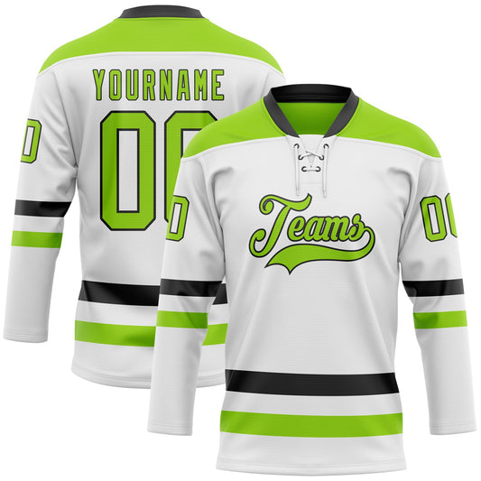Custom White Neon Green-Black Hockey Lace Neck Jersey - Main View