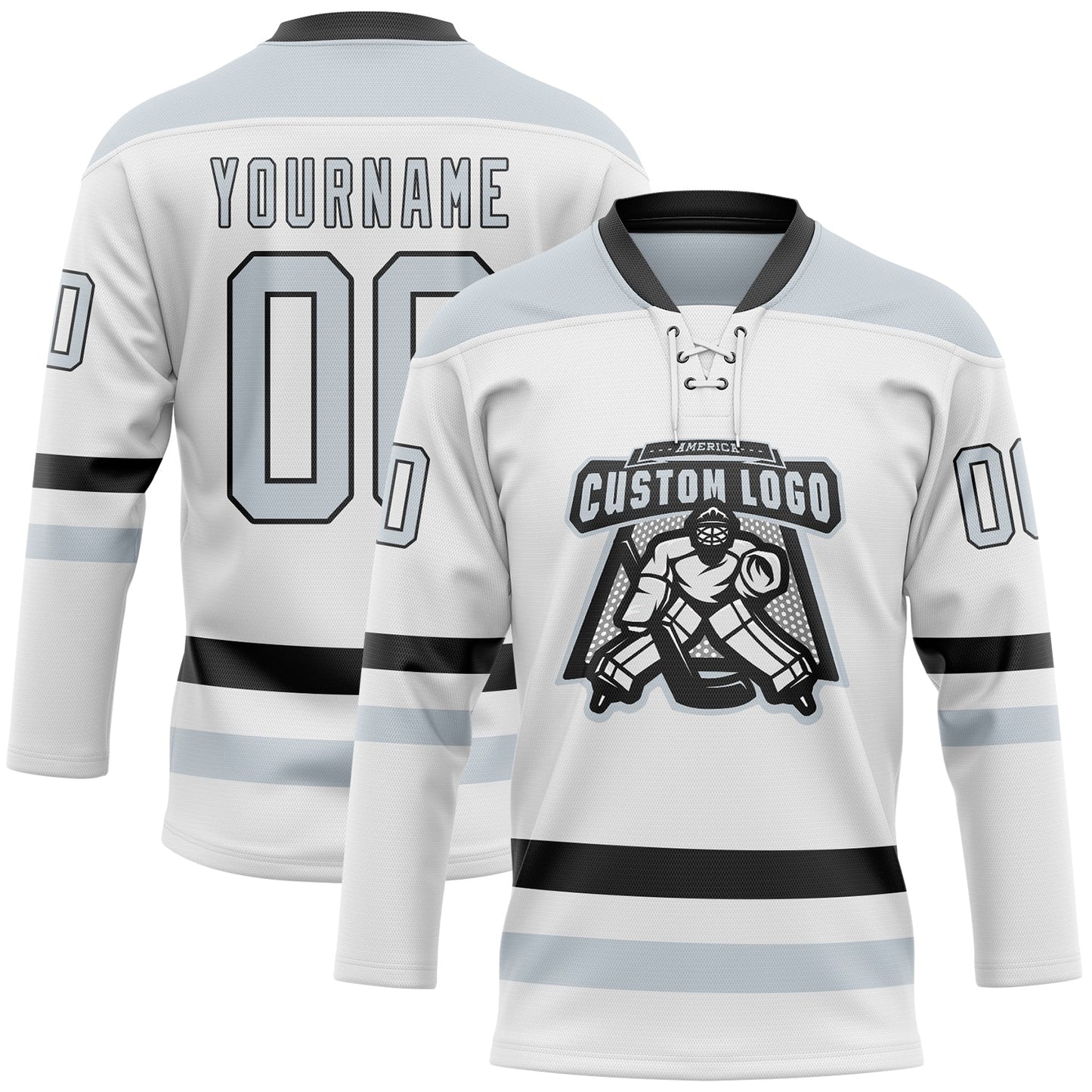 Custom White Silver-Black Hockey Lace Neck Jersey view 2