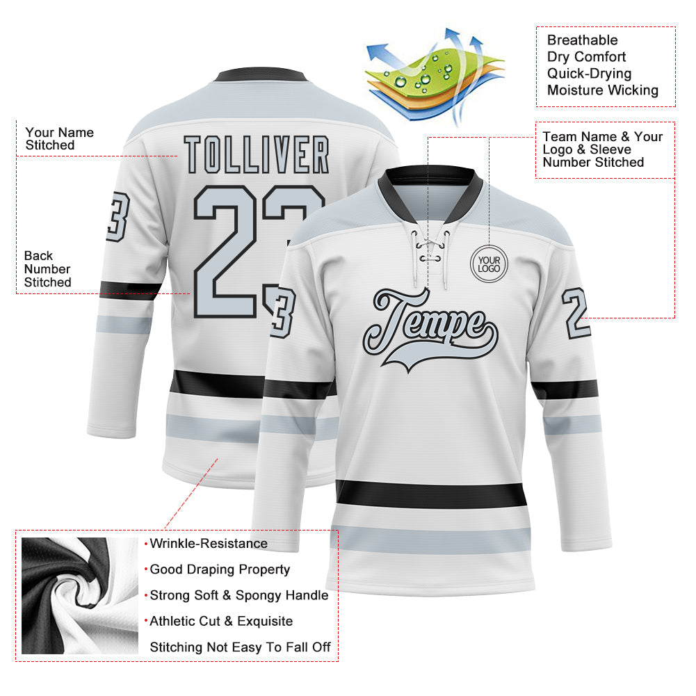 Custom White Silver-Black Hockey Lace Neck Jersey view 3