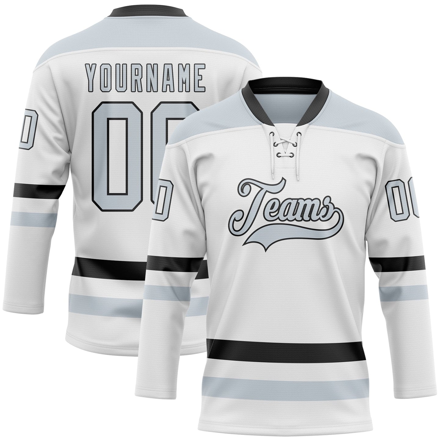 Custom White Silver-Black Hockey Lace Neck Jersey - Main View
