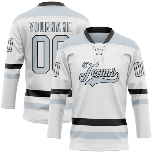 Custom White Silver-Black Hockey Lace Neck Jersey - Main View