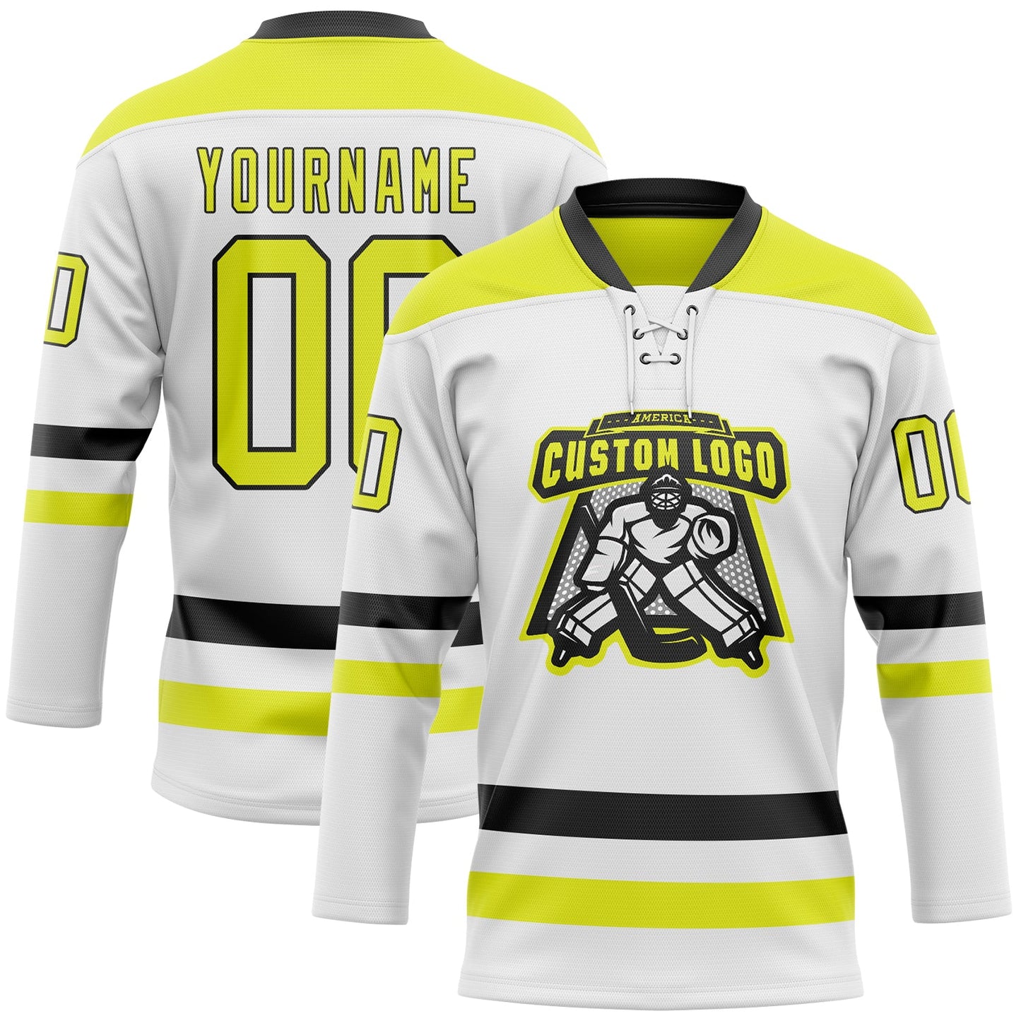 Custom White Neon Yellow-Black Hockey Lace Neck Jersey view 2