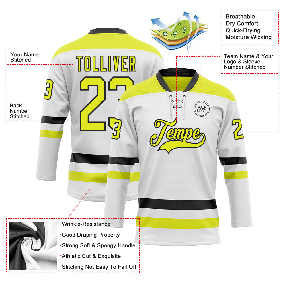 Custom White Neon Yellow-Black Hockey Lace Neck Jersey view 3