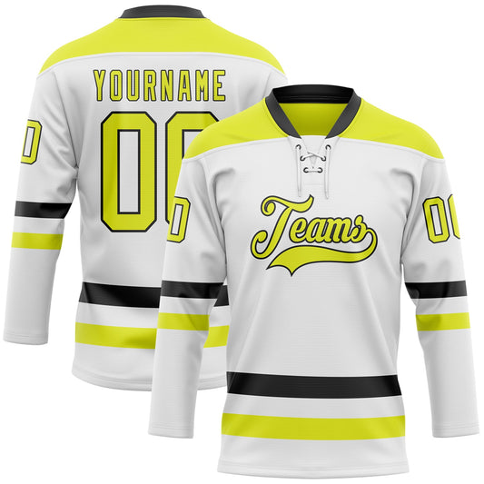 Custom White Neon Yellow-Black Hockey Lace Neck Jersey - Main View